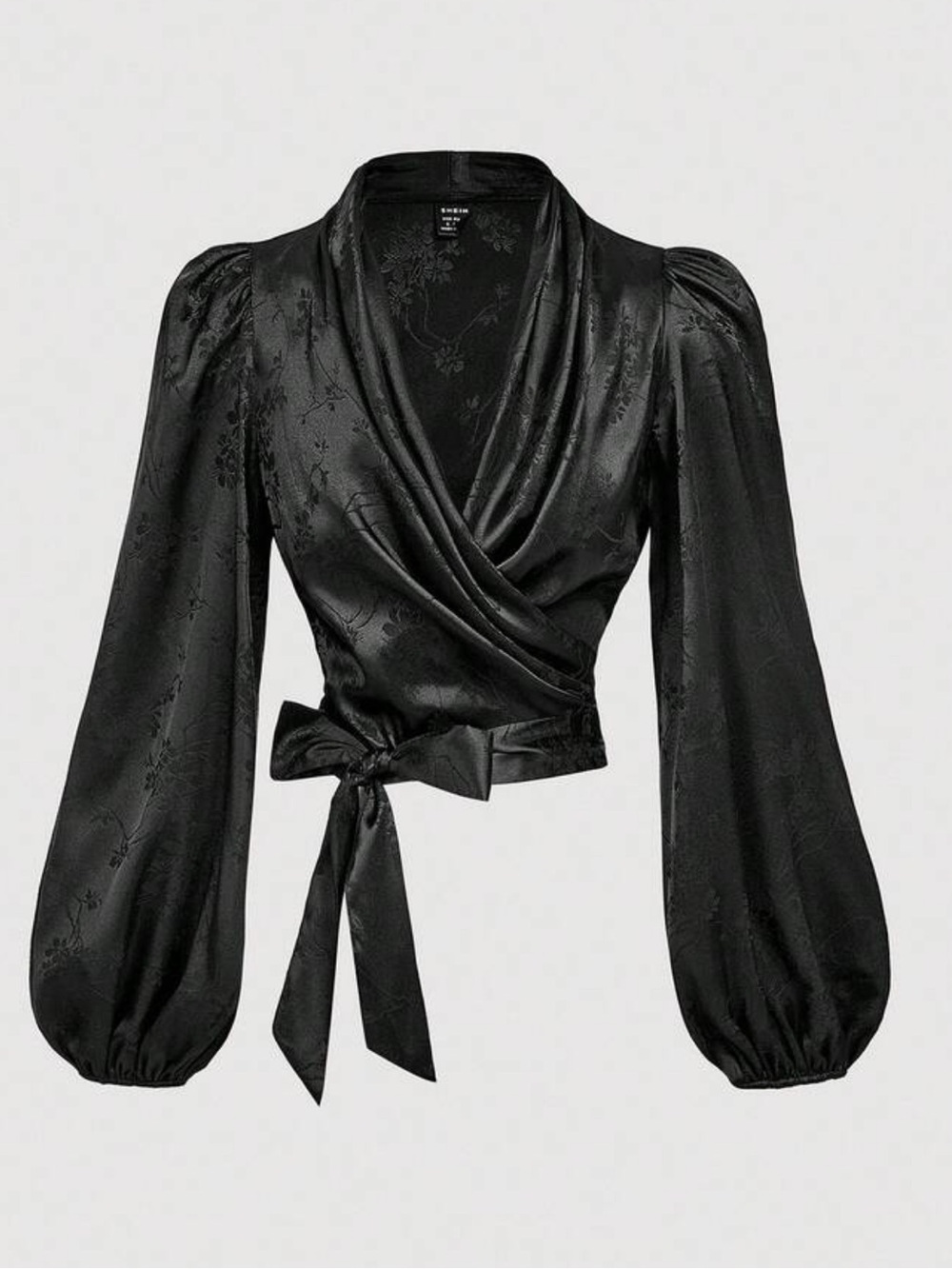 SHEIN Black Jacquard Wrap Tie Blouse with Lantern Sleeves